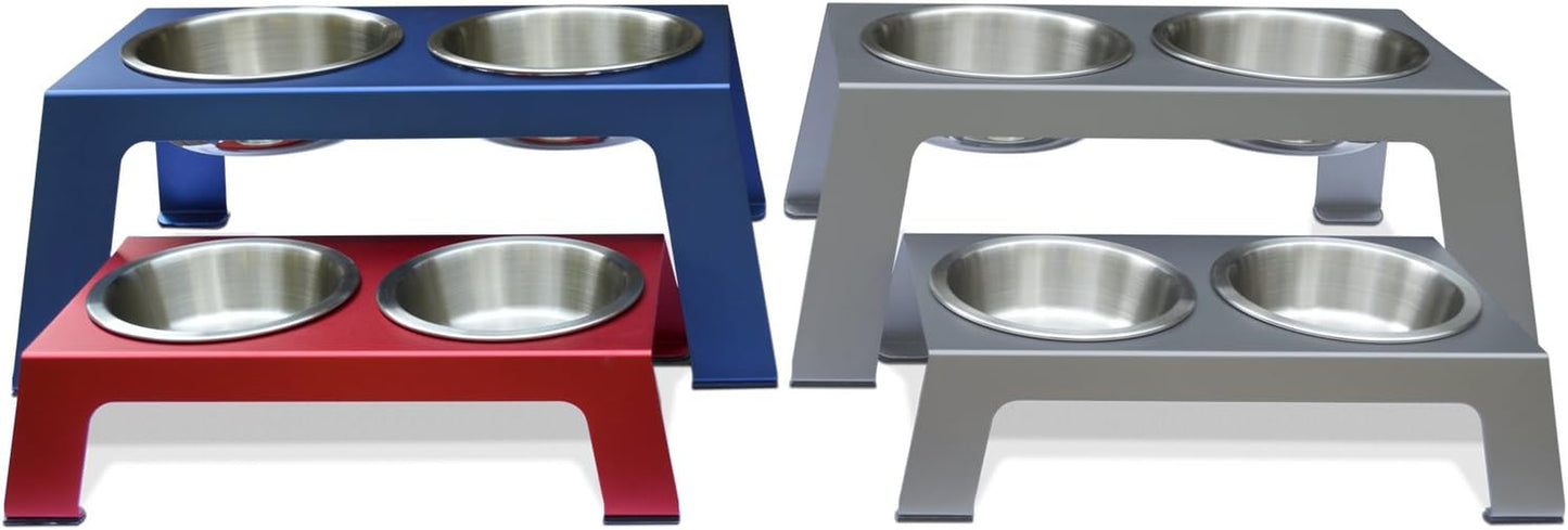 Elevated Dog Bowls, Cat Bowls -- Premium Anodized Aluminum Feeder (Short 4"). Us Food Grade Stainless Steel Raised Bowls,Metallic Gray