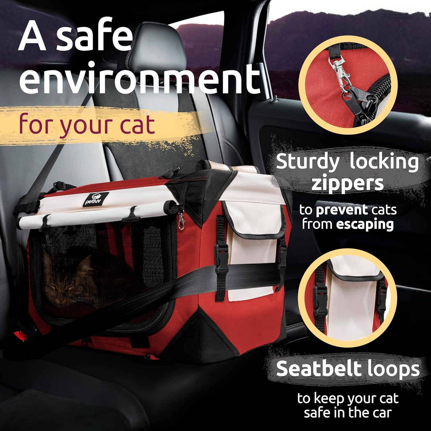 -Happy Cat Premium Cat Carrier Soft Sided Foldable Top & Side Loading Pet Crate & Carrier Locking Zippers Shoulder Straps Seat Belt Lock Plush Pillow…