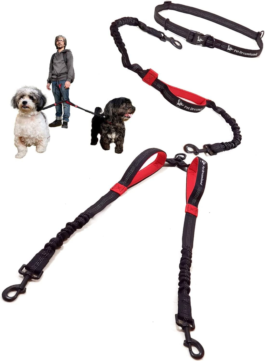 Hands Free Double Dog Leash - No Tangle Dog Leashes for Large Dogs - Heavy Duty Waist Coupler Bungee Lead by