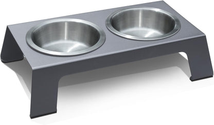 Elevated Dog Bowls, Cat Bowls -- Premium Anodized Aluminum Feeder (Short 4"). Us Food Grade Stainless Steel Raised Bowls,Metallic Gray