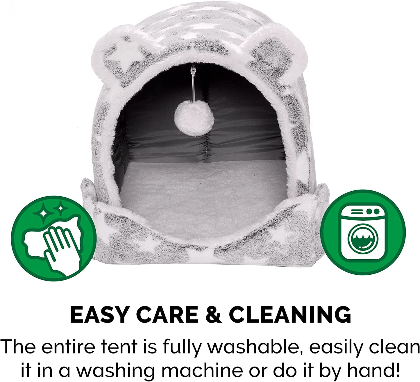 Pet Bed for Cats and Small Dogs - Cozy Cave-Bear Fleece and Faux Fur Cat Bed with Hanging Plush Ball Toy, Washable, Silver Stars, One Size